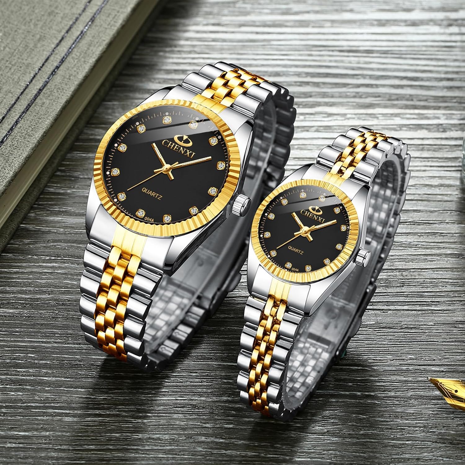 Swiss Brand Two Tone Watch Men Women Gold Silver Stainless Steel Waterproof Couple Watches