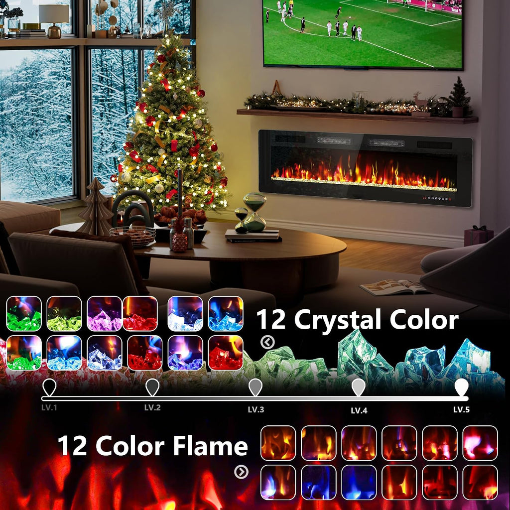 60" Electric Fireplace Recessed Wall Mounted, Ultra Thin Linear Fireplace Inserts,12 Flame Colors, Timer, Remote &