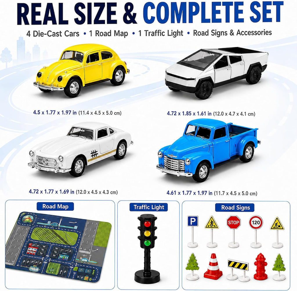 1:32 Die Cast Pull Back Truck Toys for Kids, Alloy Toy Cars with Openable Doors, Road Signs & Map Playset, Birthday