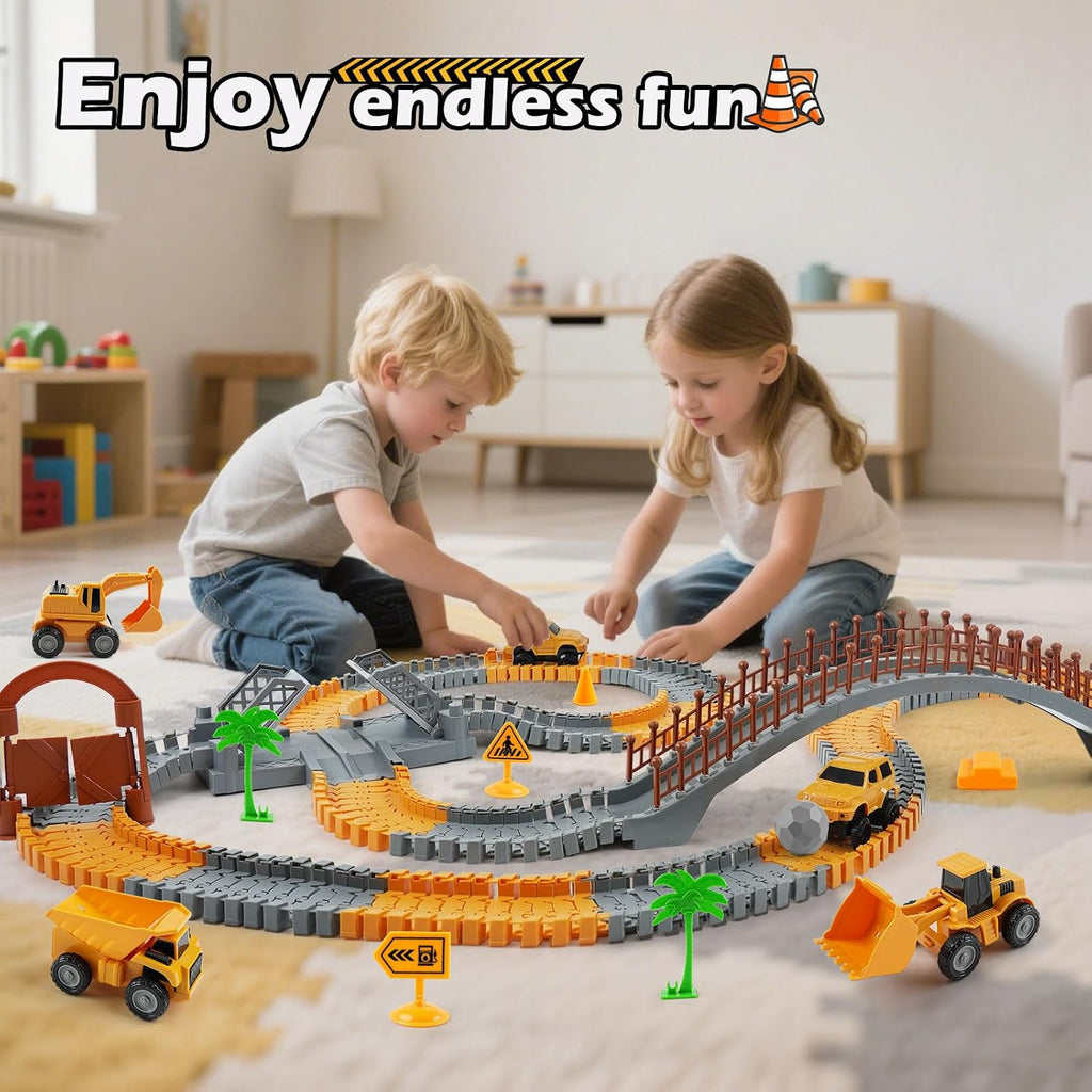Construction Race Car Track Set for Kids - Flexible Engineering Toys with 2 Electric Cars, Birthday Gift for 3 4 5 6