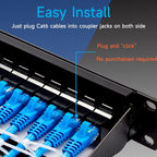 24 Port RJ45 Patch Panel Cat6 Feed Through, Coupler Network Panel 19 Inch, Inline Keystone Ethernet Patch Panel with Back Bar