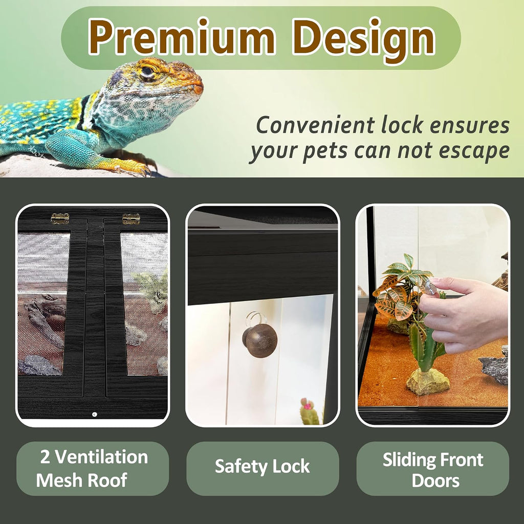 Bearded Dragon Tank 34 Gallon, Tempered Glass Reptile Tank with Meatl Mesh Roof and Front Sliding Door, Anti-Scratch