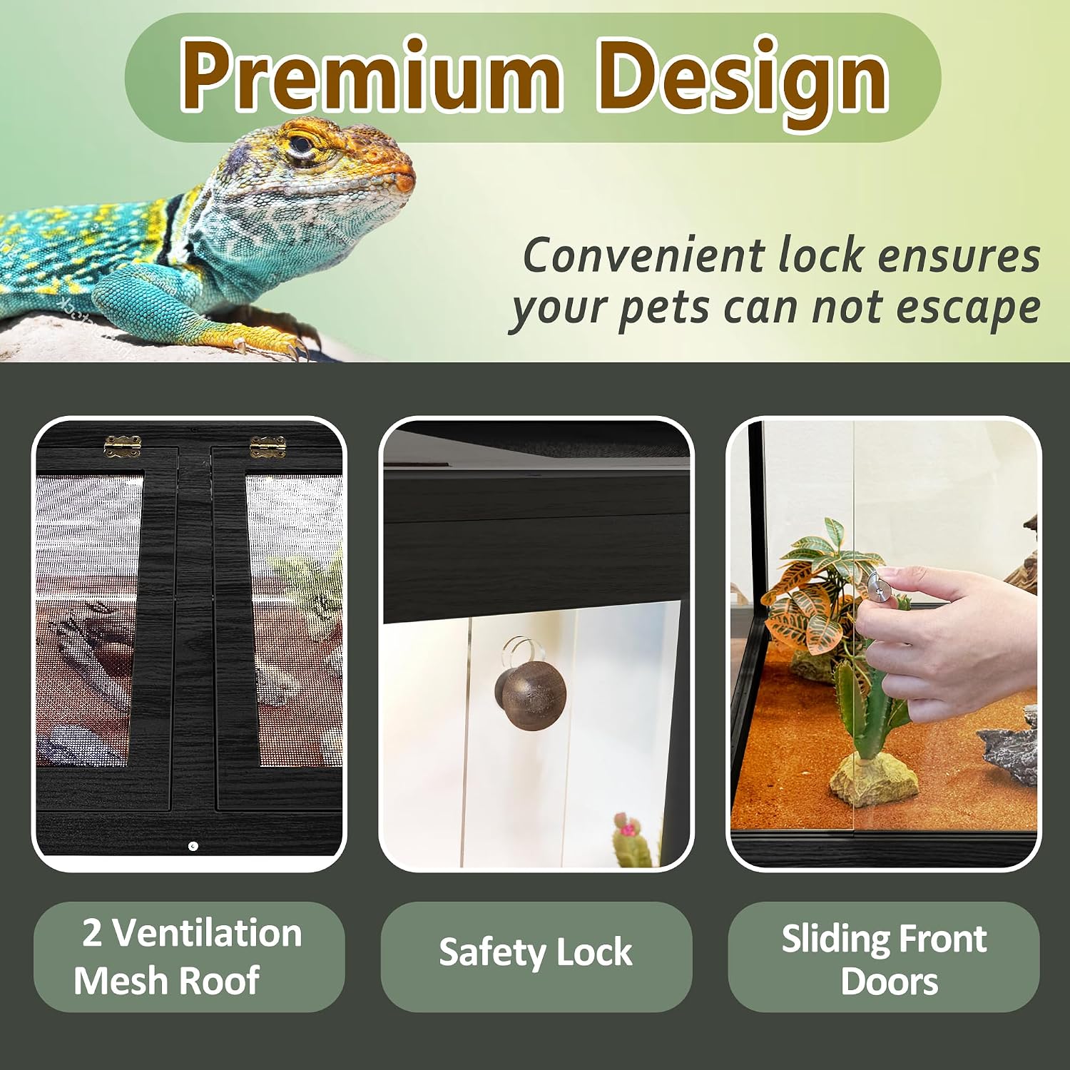 Bearded Dragon Tank 34 Gallon, Tempered Glass Reptile Tank with Meatl Mesh Roof and Front Sliding Door, Anti-Scratch