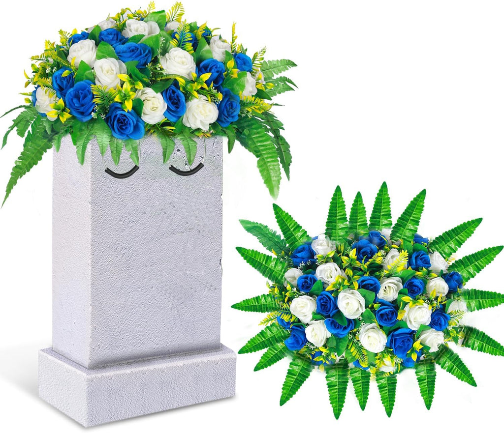 Artificial Cemetery Flowers, Silk Flower Arrangement,Artificial Rose Bouquet Grave Memorial Flowers with Headstone
