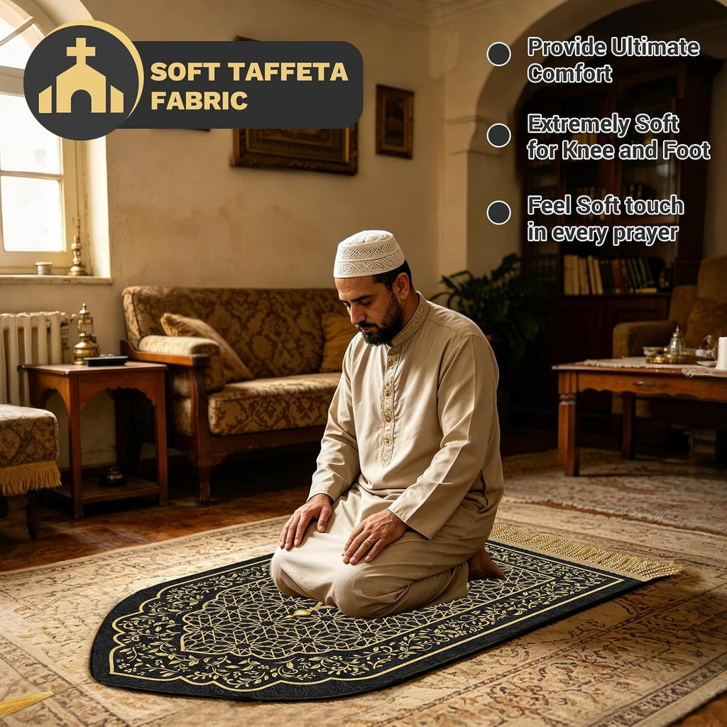 Muslim Prayer Rug with Tasbih Prayer Beads and Compass Keychain