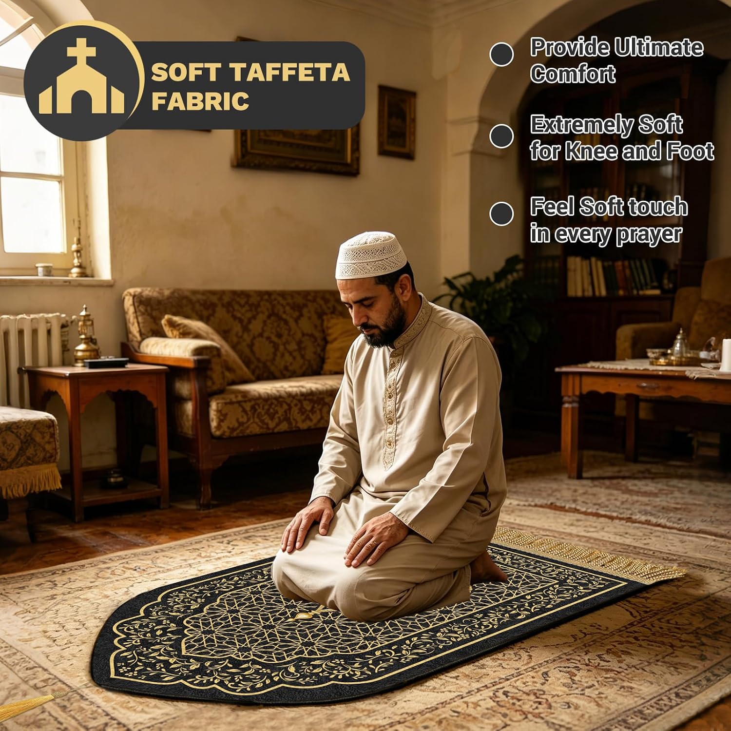 Muslim Prayer Rug with Tasbih Prayer Beads and Compass Keychain