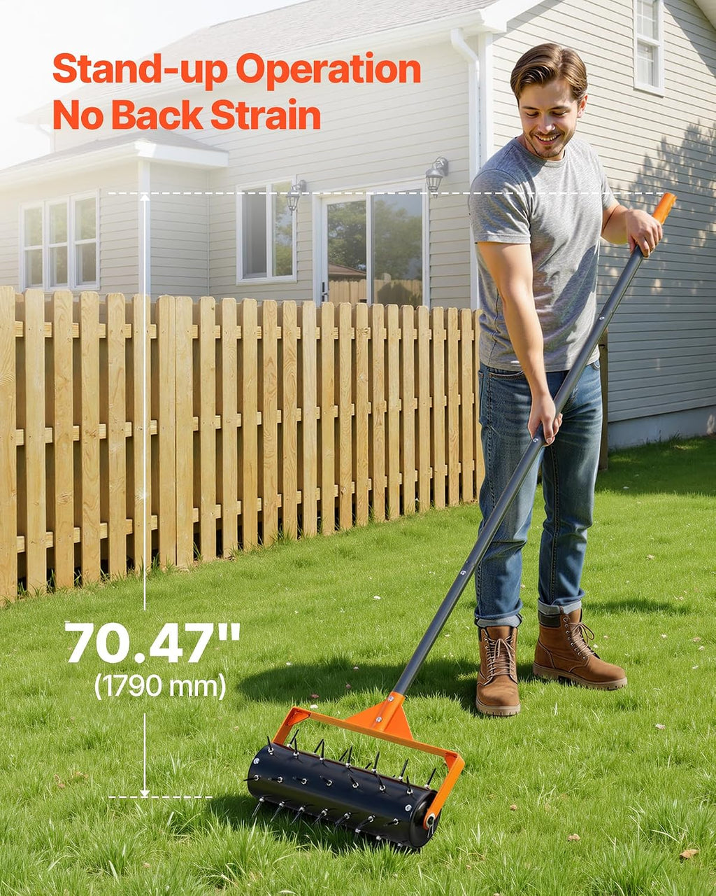 Rolling Lawn Aerator, 15 in Manual Push Aerator Roller with 42 Spikes & 60 in Long Handle, Fillable Drum for Added