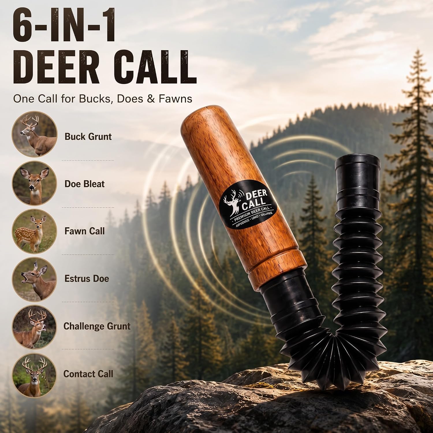 Deer Call - 6-in-1 Adjustable Hardwood Hunting Deer Grunt Call for Buck, Doe, Fawn with Lanyard - Waterproof Freeze
