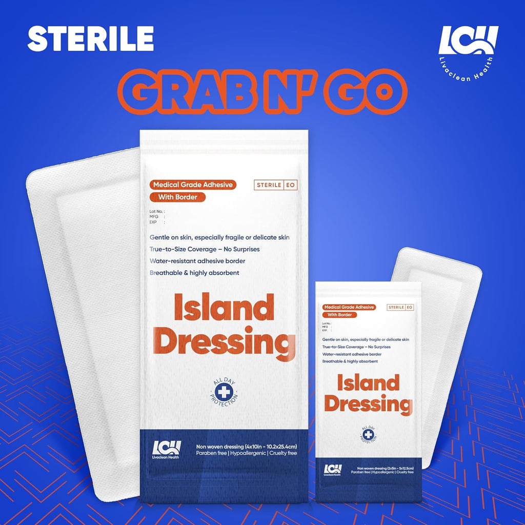 30CT Island Dressing, 2 Sizes 2"x5" & 4"x10" | Bordered Gauze With Adhesive Border | Hypoallergenic Adhesive Gauze