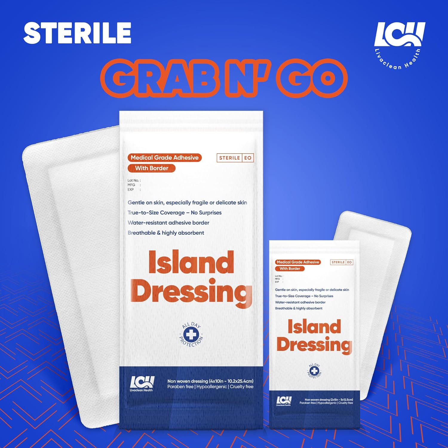 30CT Island Dressing, 2 Sizes 2"x5" & 4"x10" | Bordered Gauze With Adhesive Border | Hypoallergenic Adhesive Gauze