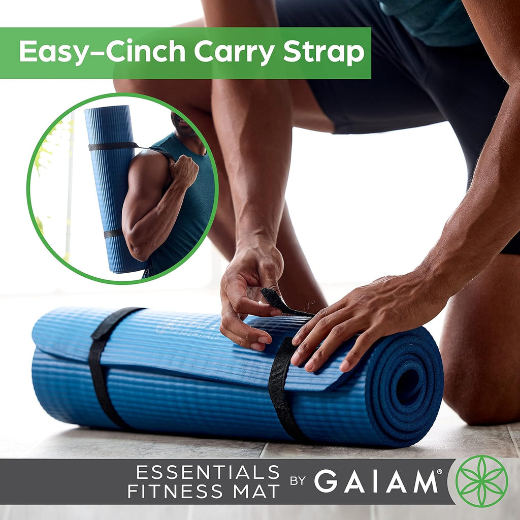 Thick Yoga Mat, Exercise & Fitness Mat with Easy-Cinch Carrying Strap | Non-Slip NBR Foam | Joint Cushioning | Yoga