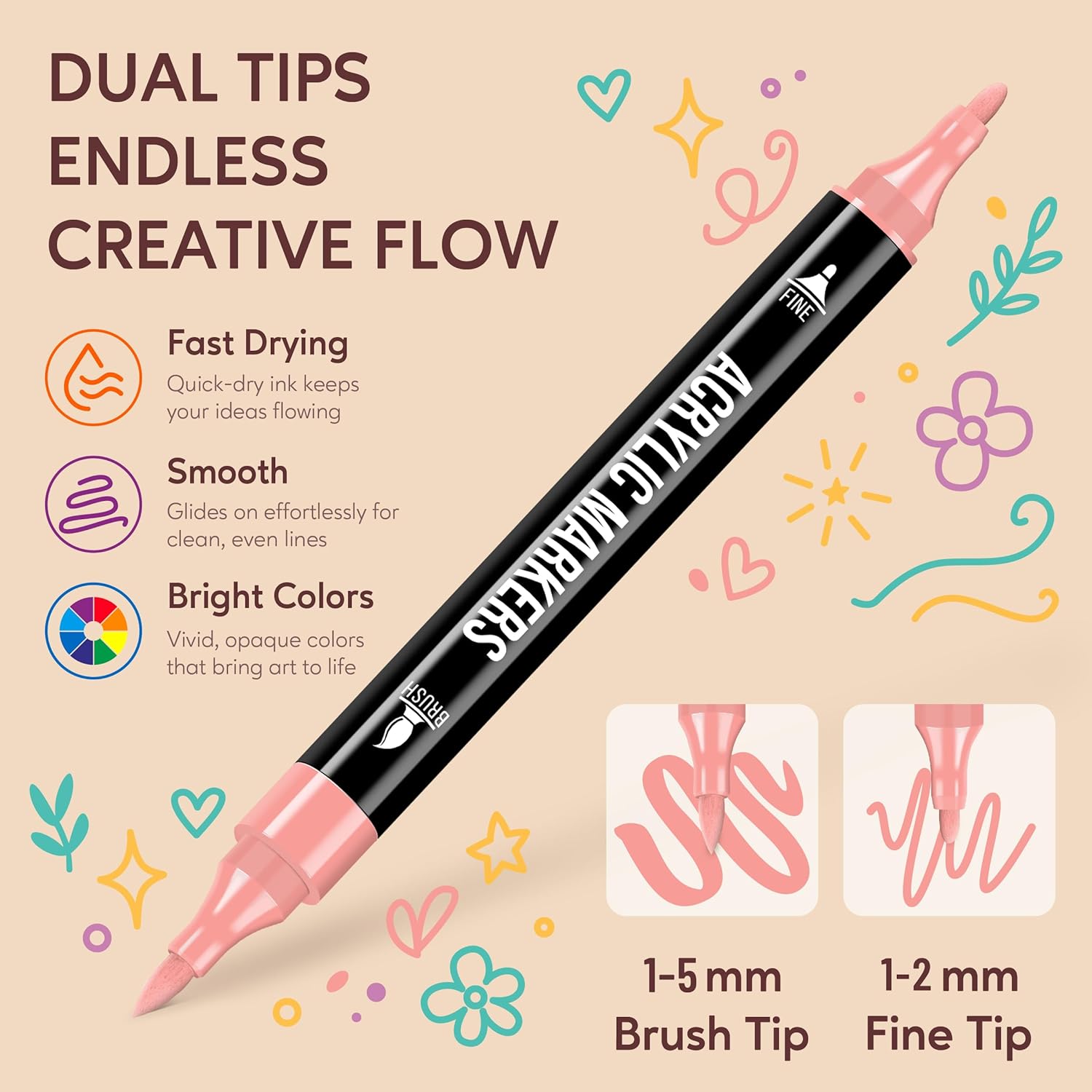 72 Colors Acrylic Paint Markers, Dual Tip with Fine Tip and Brush Tip Pens for Stone, Wood, Calligraphy, Canvas