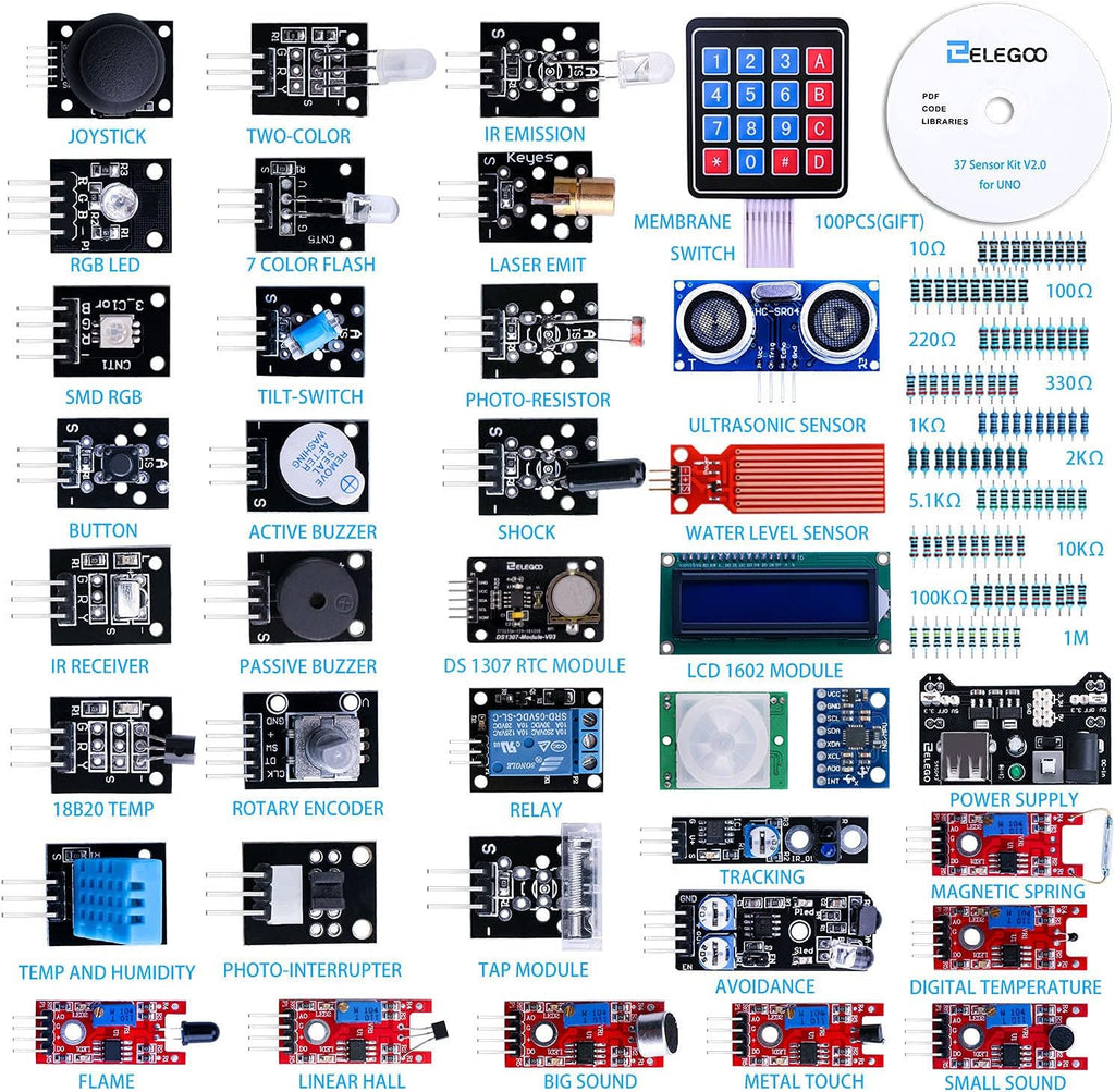 ELEGOO Upgraded 37 in 1 Sensor Modules Kit & ELEGOO 3pcs Breadboard 830 Point Solderless Prototype PCB Board Kit