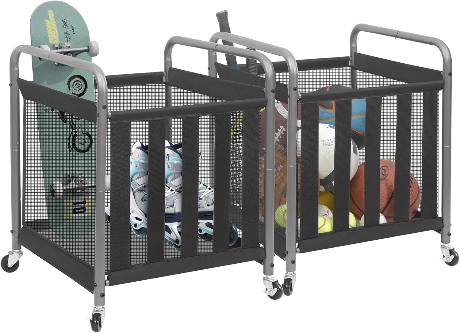 Ball Storage Bin Rolling Sports Ball Cart, Metal Garage Organizer Sport Rack Basketball Storage Cage for Garage or