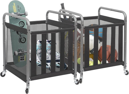 Ball Storage Bin Rolling Sports Ball Cart, Metal Garage Organizer Sport Rack Basketball Storage Cage for Garage or