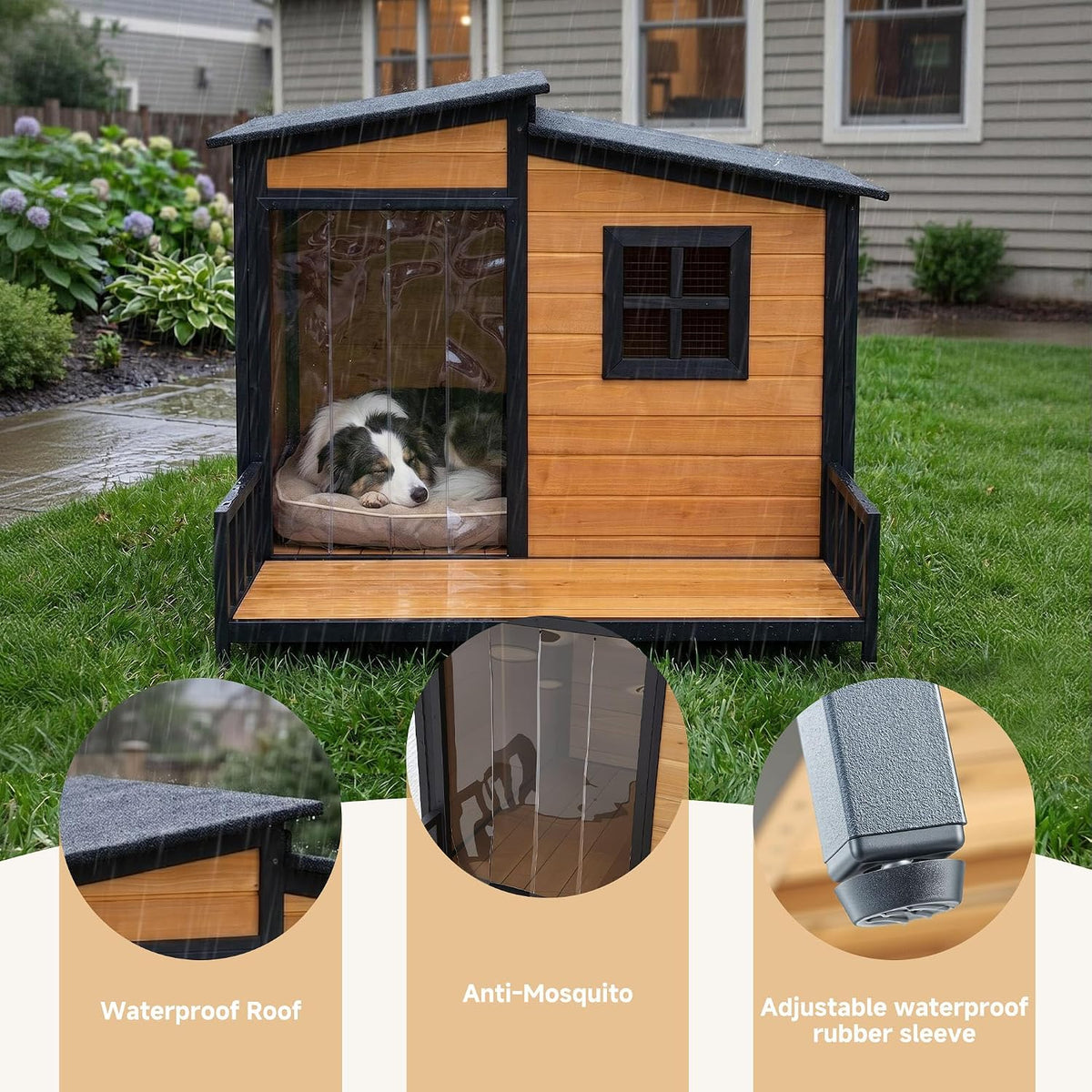 XLarge Dog House Outdoor Anti‑Chew Iron Wooden Elevated Dog Kennel Home 44"