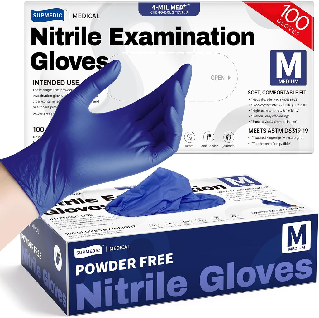 Nitrile Exam Gloves, 4 Mil MED+ Powder-Free Latex-Free Cooking Food-Safe Disposable Medical Gloves Blue Violet 100Ct