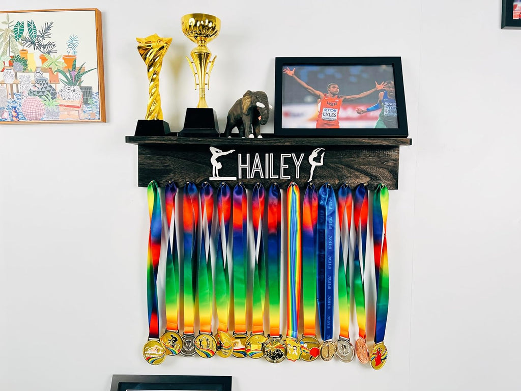 Personalized Medal Holder And Trophy Shelf With 3D Name,Custom Wooden Medal Hanger Display For Awards or