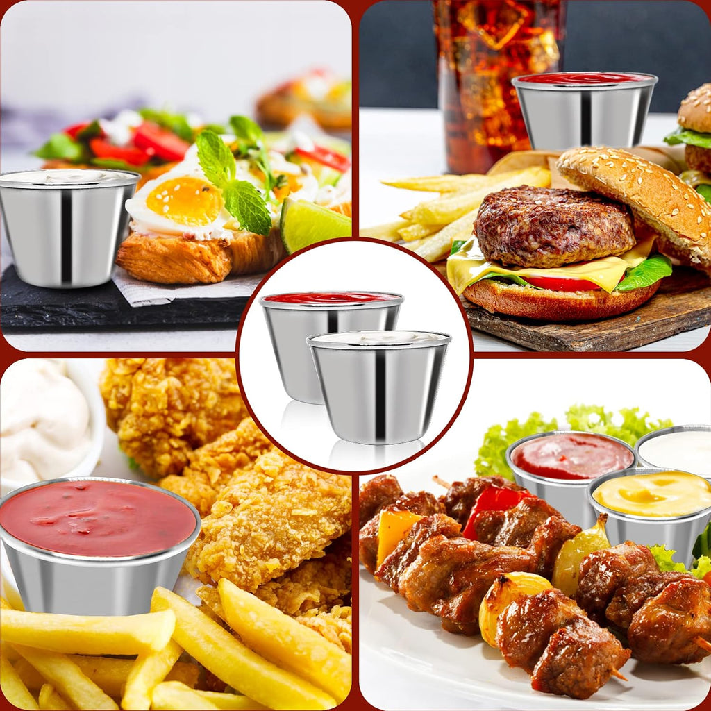 50 Pcs Metal Sauce Cups 2.5oz Ramekins, Stainless Steel Dipping Sauce Cups Metal Condiment Container Reusable Round