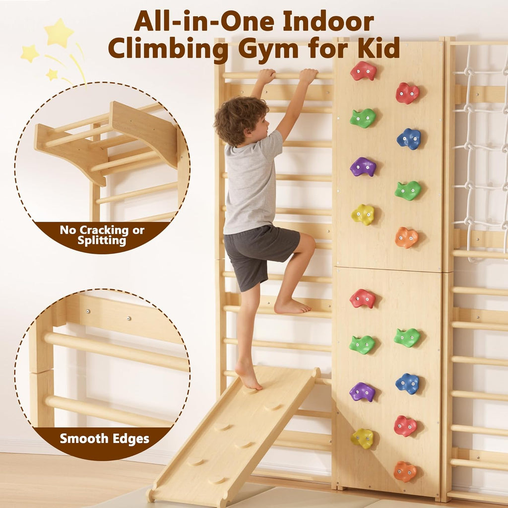9-in-1 Swedish Ladder Wall Gym & Climber, 94.5'' Wooden Wall-Mounted Climbing Set with Double-Sided Slide, Swing