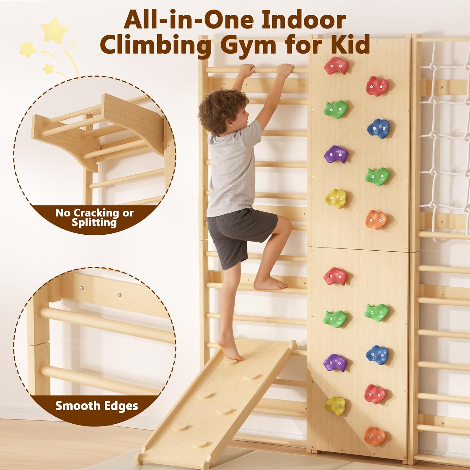 9-in-1 Swedish Ladder Wall Gym & Climber, 94.5'' Wooden Wall-Mounted Climbing Set with Double-Sided Slide, Swing