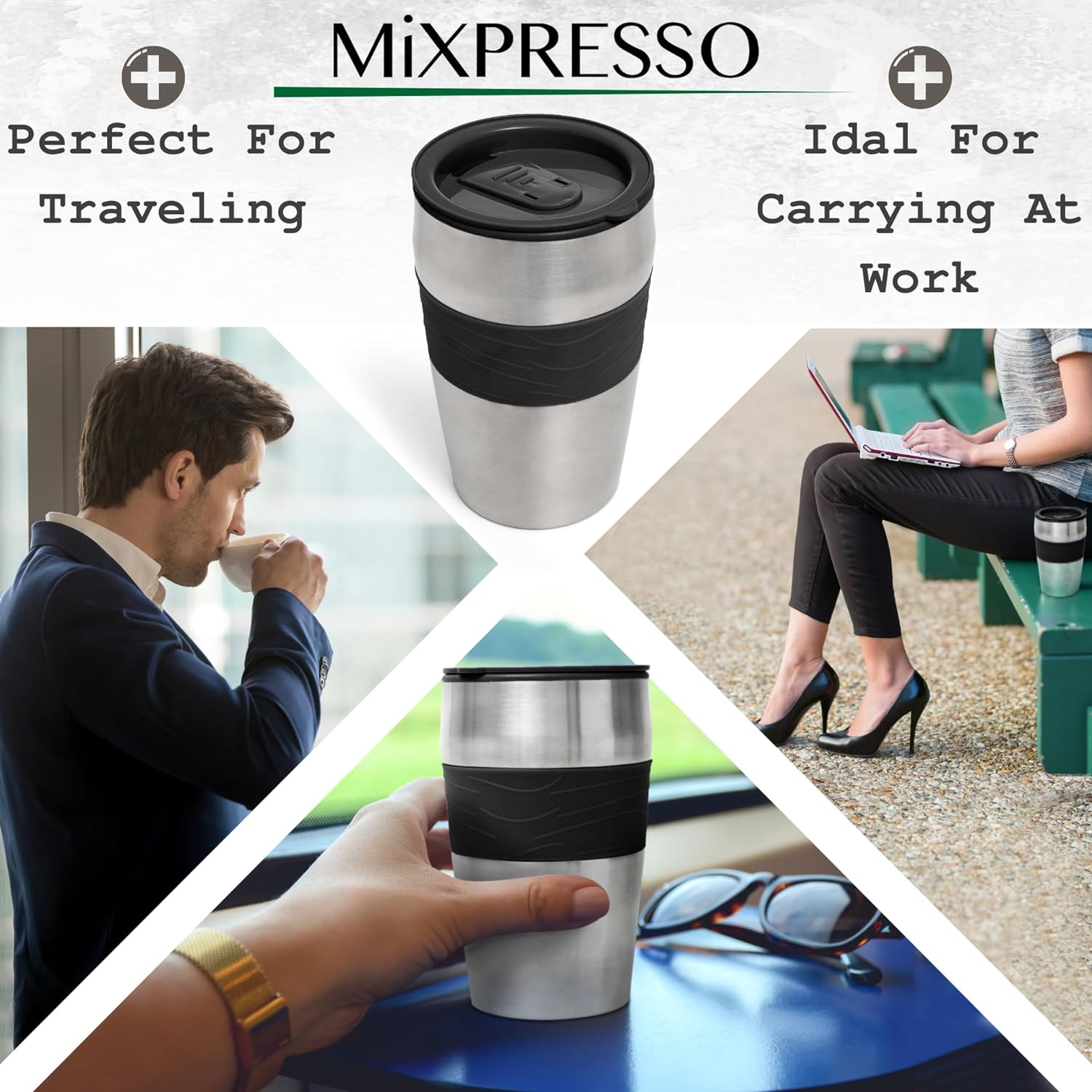 Single Serve & Single Cup Coffee Maker with 14oz Travel Mug Black | For ground coffee only, reusable filter, auto