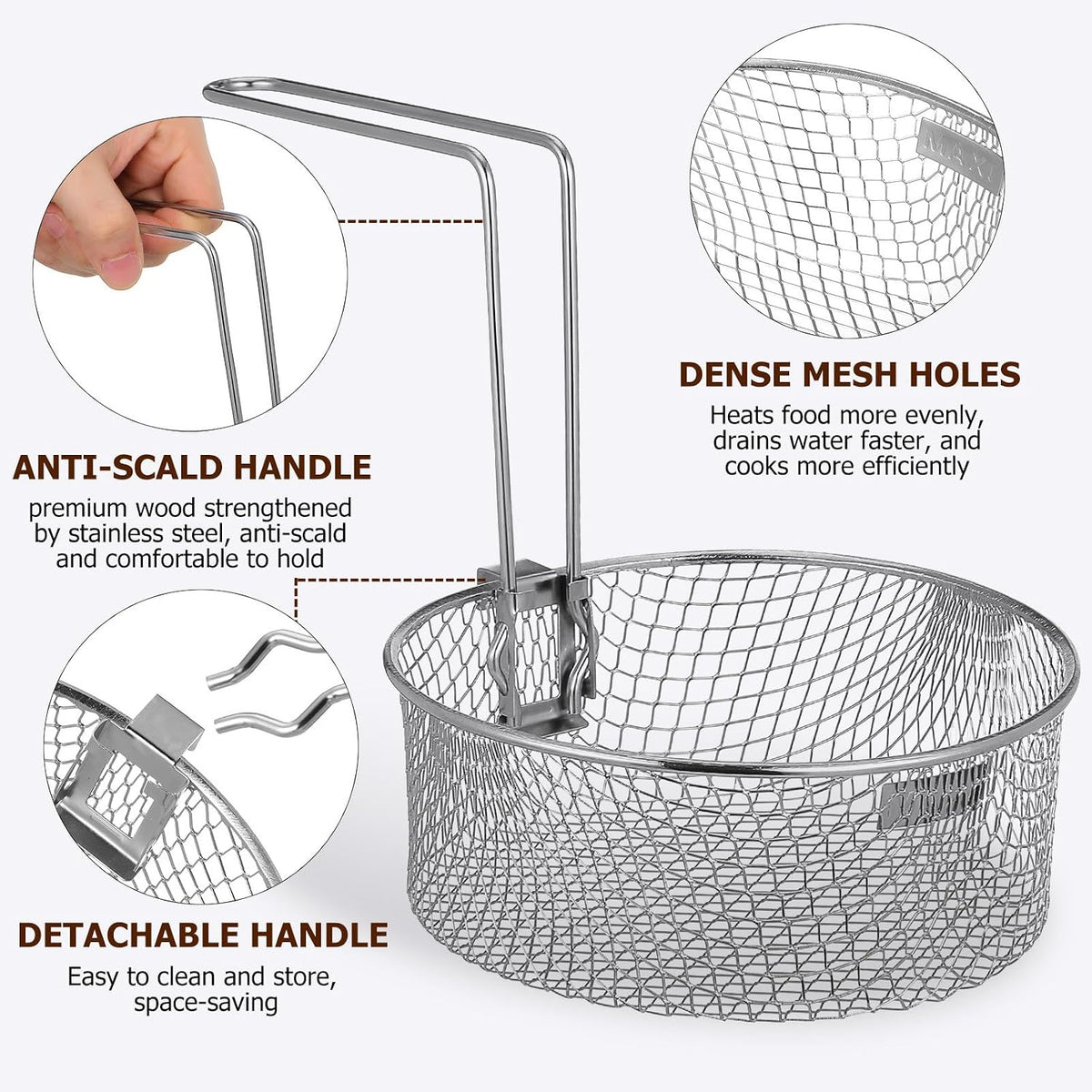 Deep Fryer Basket 2L Stainless Steel Round Fry Strainer with Handle