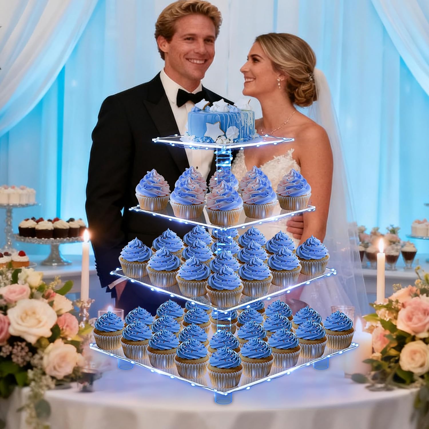 4 Tier Cupcake Stand with Blue Lights, Cupcake Tower Stand 50 Cupcakes