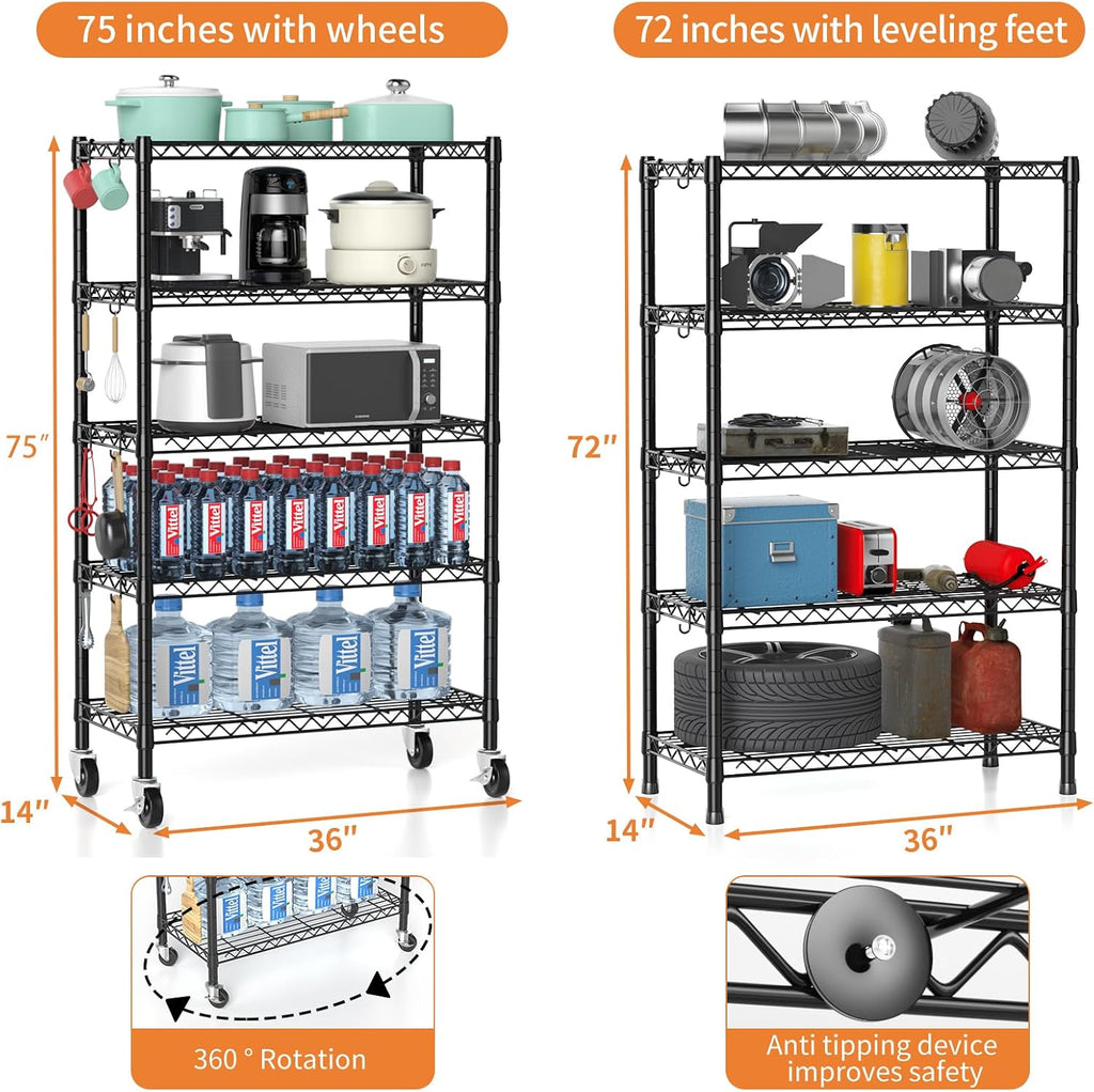Wire Shelving, 1900lbs Capacity 5 Tier Heavy Duty NSF Wire Shelf with Rolling Wheels Black Metal Storage Shelves