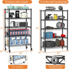 Wire Shelving, 1900lbs Capacity 5 Tier Heavy Duty NSF Wire Shelf with Rolling Wheels Black Metal Storage Shelves