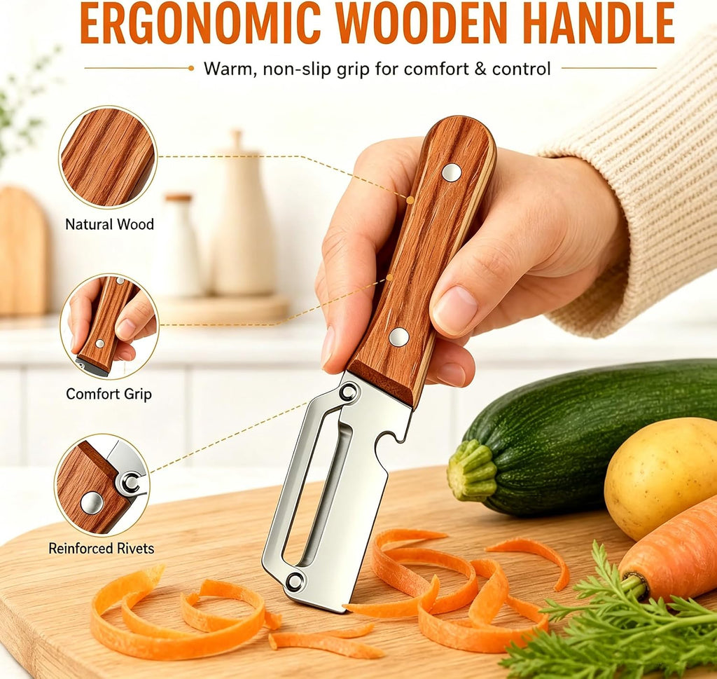 Vegetable Peeler 2 Pack, Multifunctional Stainless Steel Peeler with Wooden Handle and Bottle Opener - 2 in 1 Ultra