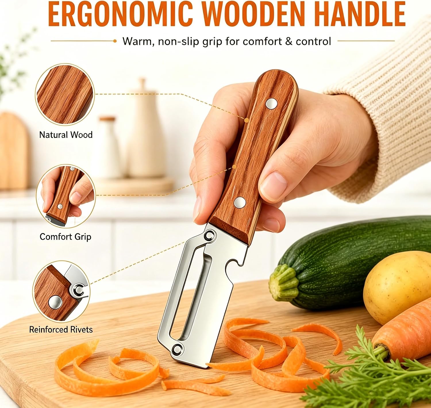 Vegetable Peeler 2 Pack, Multifunctional Stainless Steel Peeler with Wooden Handle and Bottle Opener - 2 in 1 Ultra