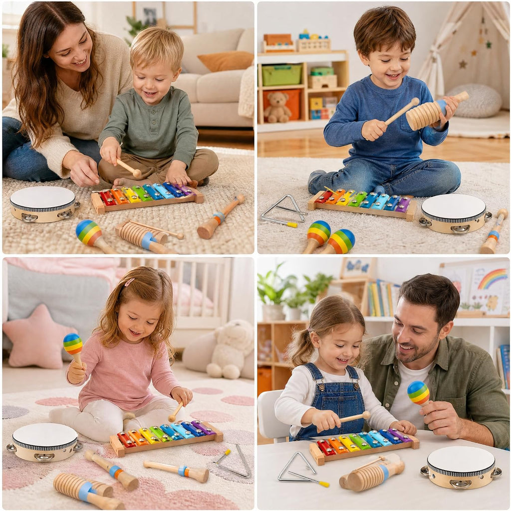 Montessori Wooden Musical Instruments for Toddlers, Educational Baby Drum Set with Xylophone & Maracas and More