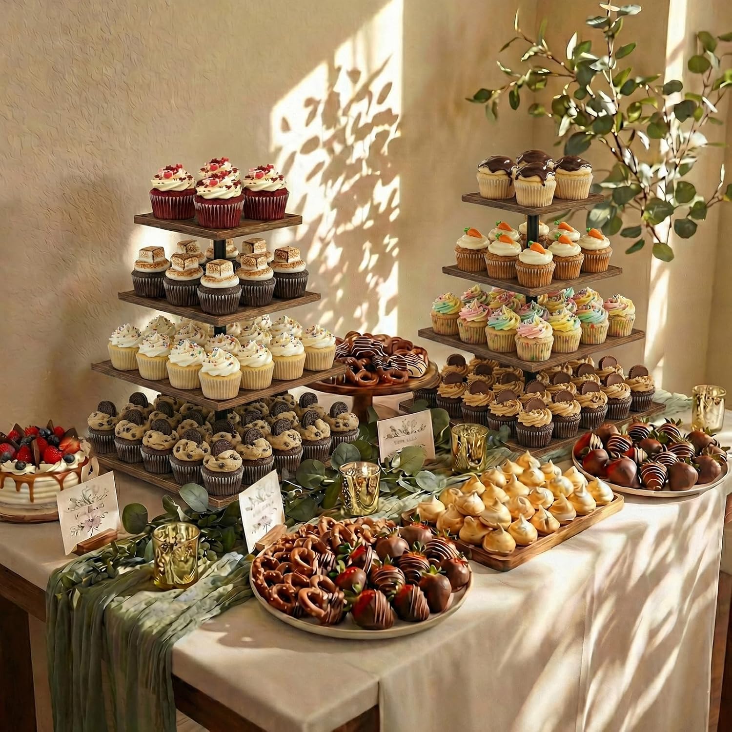Wooden 4 Tier Cupcake Stand for 50 Cupcakes,Cupcake Holder,Cupcake Tower,Tiered Tray Stand for Birthday Bar Décor