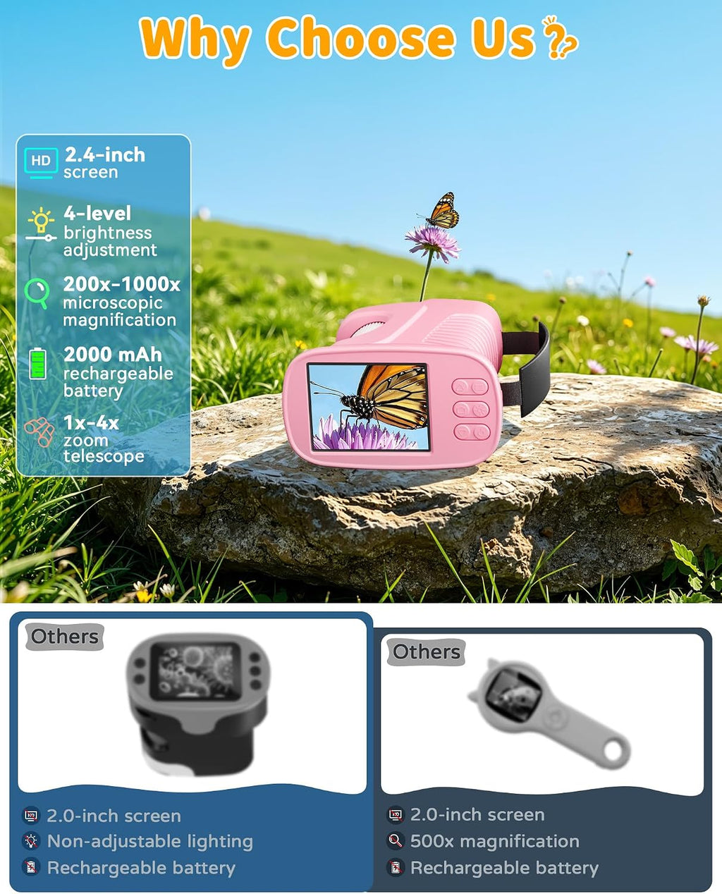 1000X Kids Handheld Microscope, 4K Digital Mini Pocket Digital Microscope with 2.4" IPS Screen, Built-in Camera & 12