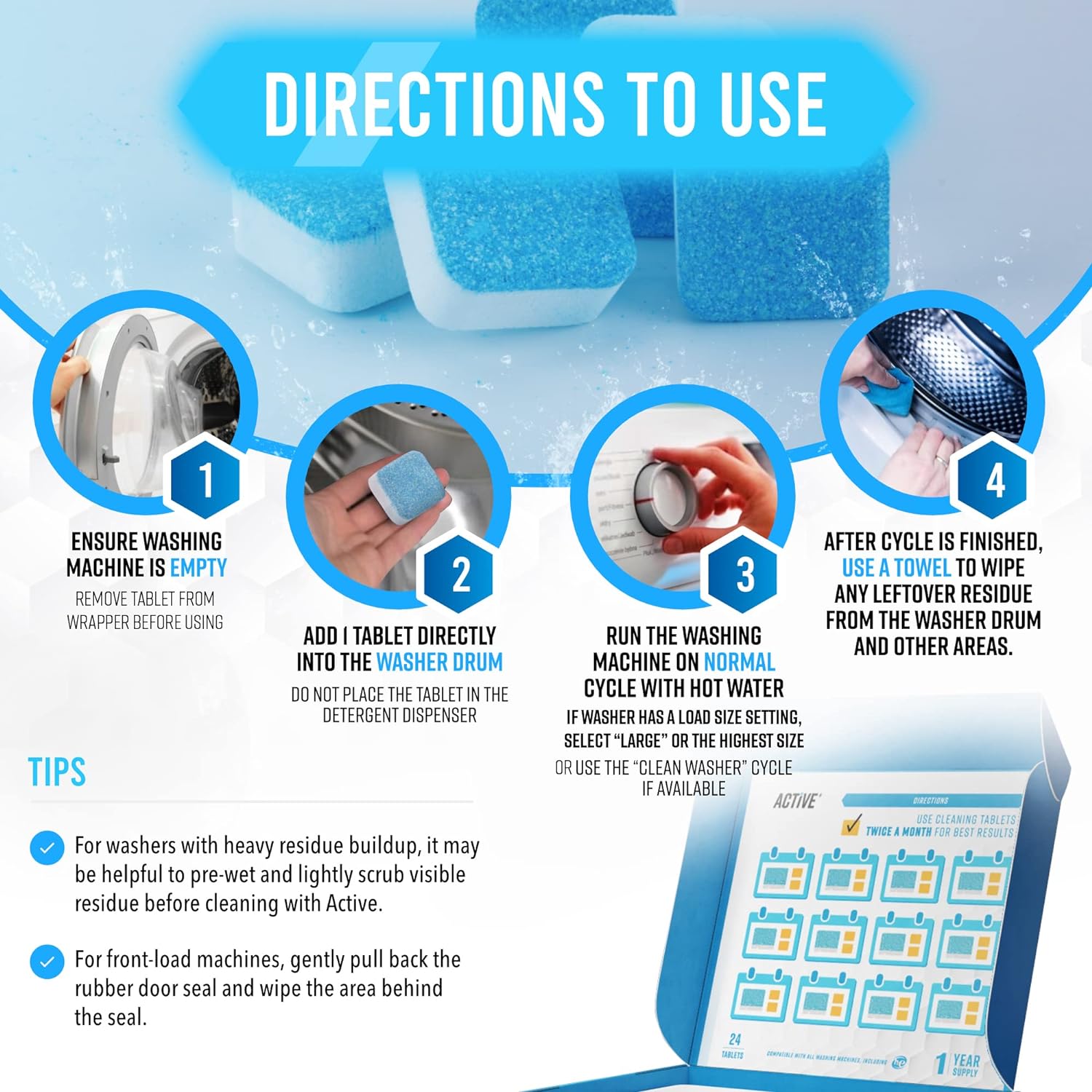 Washing Machine Cleaner Descaler 24 Pack - Deep Cleaning Tablets For HE Front Loader & Top Load Washer, Septic Safe