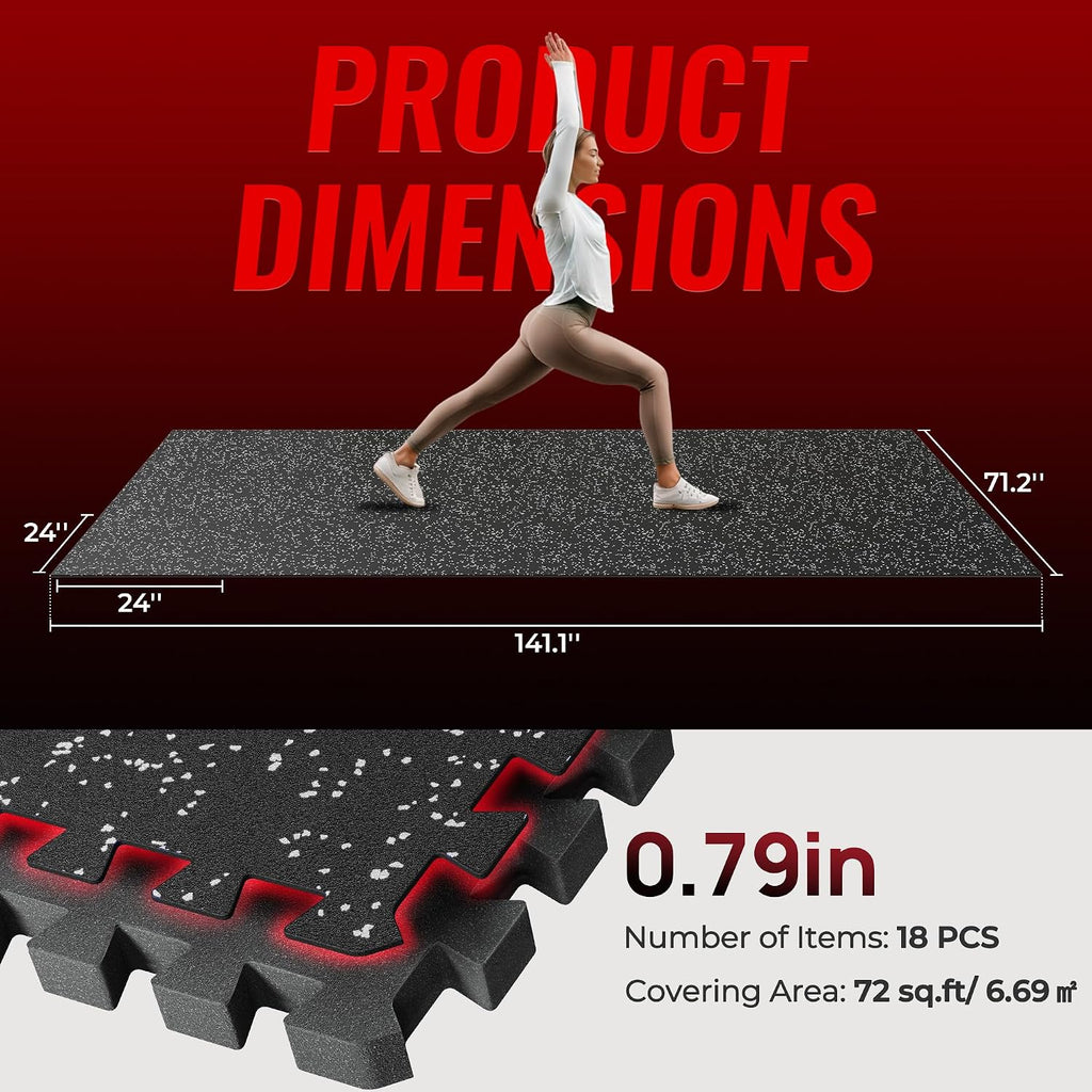 0.79'' Extra-Thick Exercise Equipment Mats, 18 Pcs 72 Sq Ft Rubber Top Floor Tiles with High Density EVA Foam