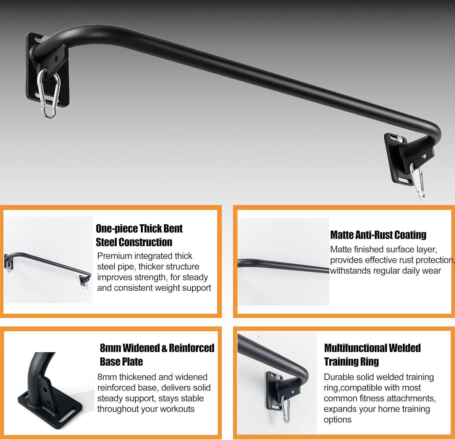 Wall Mounted Pull Up Bar, Carbon Steel Doorway Chin Up Bar for Home Gym | Reinforced plate supports fit joists and