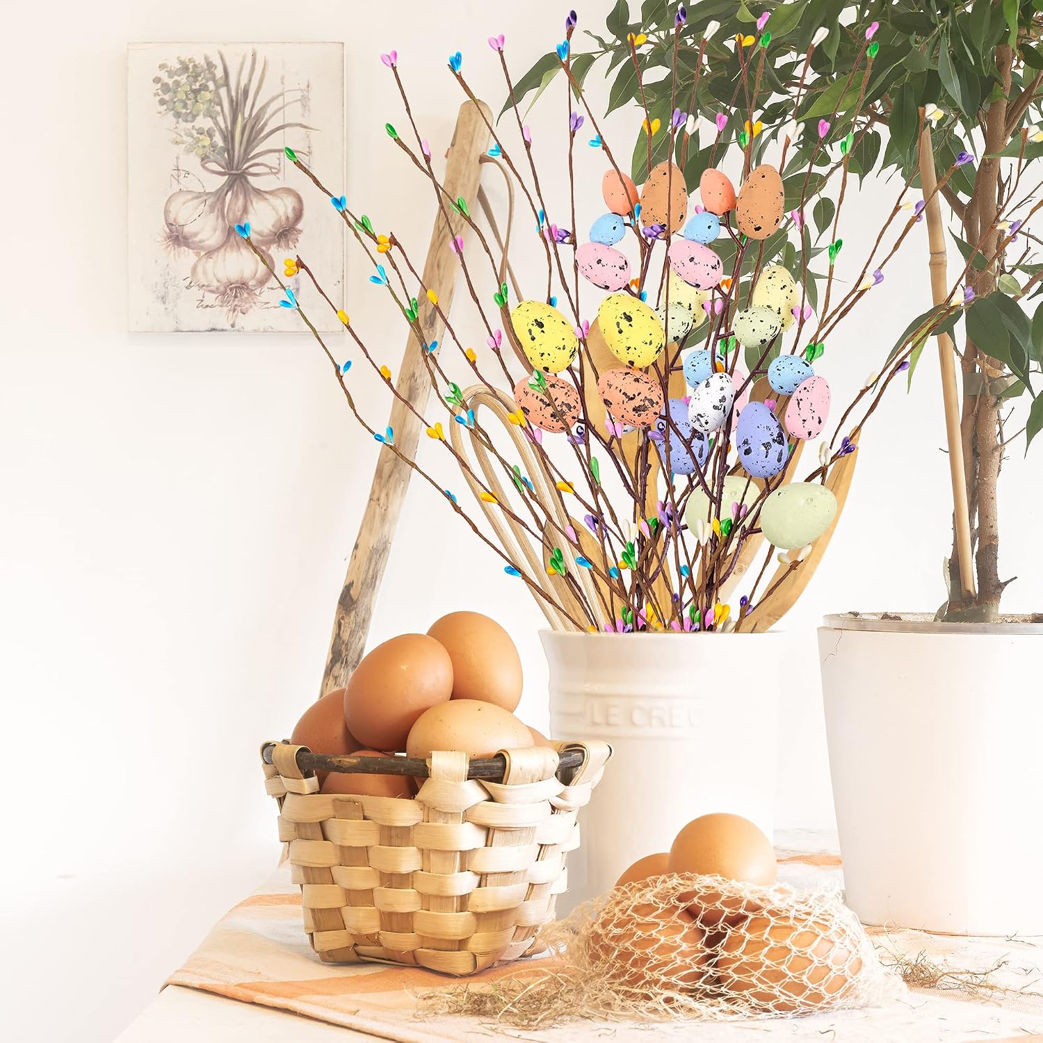 Artificial Easter Spray Vine with Pastel Easter Eggs and Berries- Decorative Spring Floral Stems-Easter Egg Twig