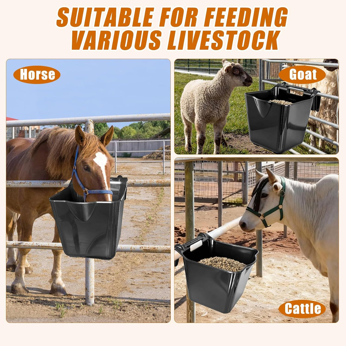 15 Qt Hook-Over Plastic Livestock Horse Feed Bucket, 6-Pack, Black