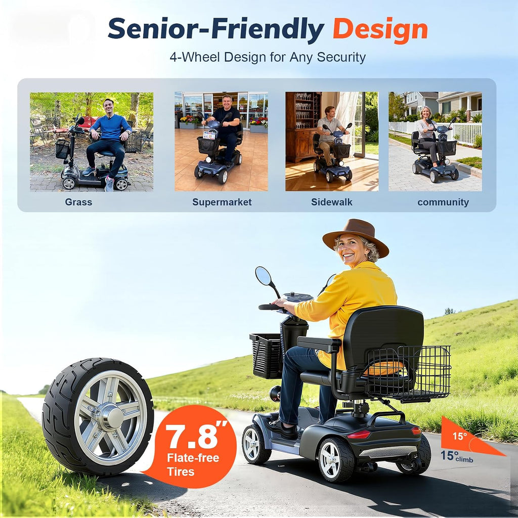 15/25/30/50Miles Eldryvon 4 Wheels Electric Mobility Scooter for Seniors, Dual Basket, 350W Powered Wheelchair with