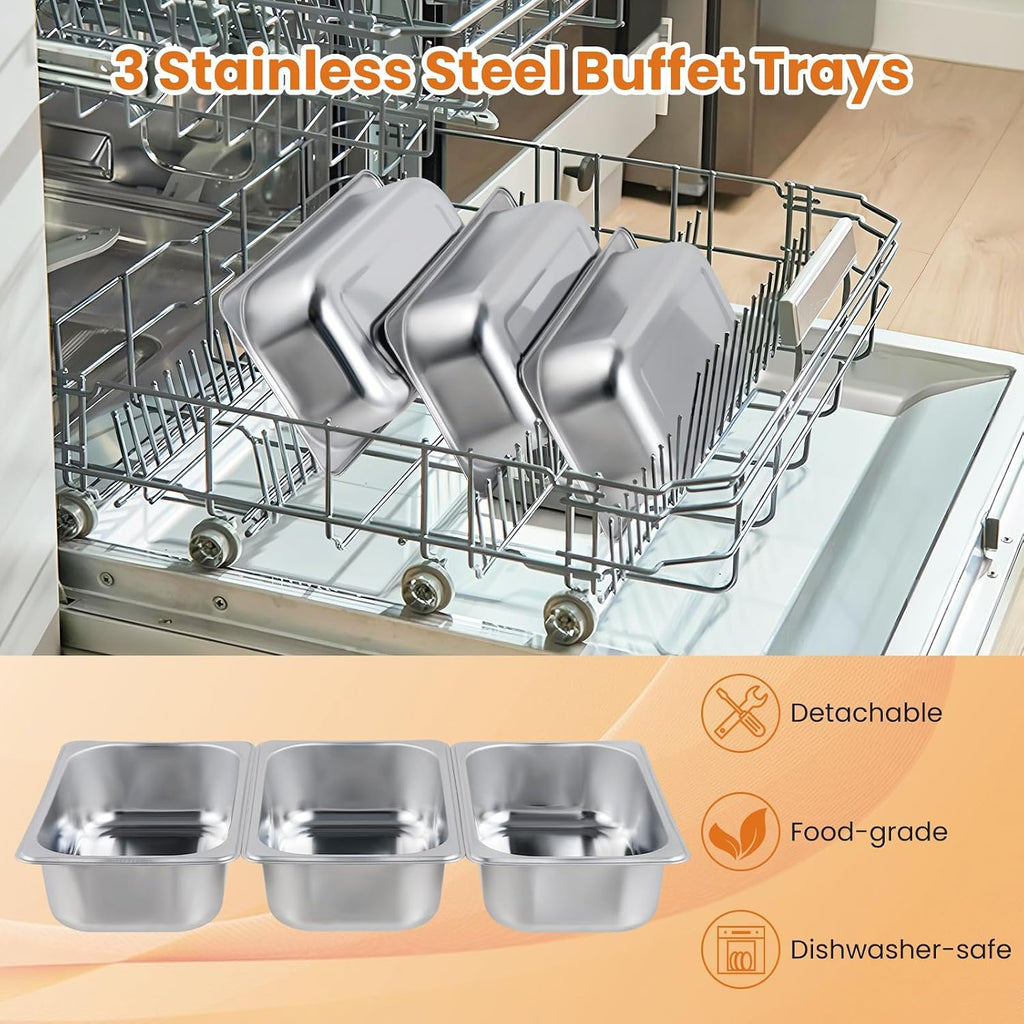 Electric Buffet Server & Warming Tray, 3 Stainless Steel Pans with Lids, Adjustable Temperature, Dishwasher Safe