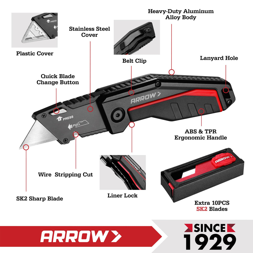 ARROW Folding Utility Knife, Quick Change Box Cutter with 10 Blades