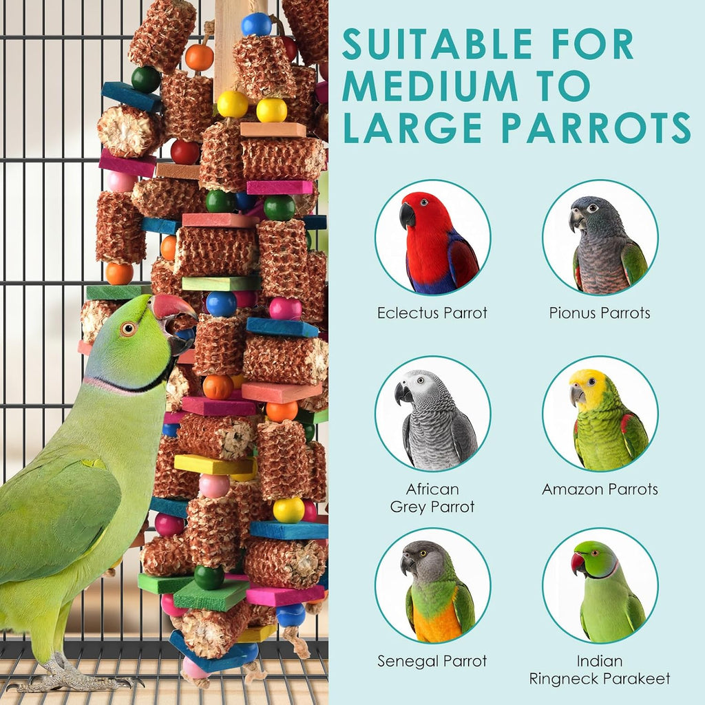 Bird Toys for Parrots, 22in Large Parrot Chew Toys Natural Wood and Corn Cob Hanging Chewable Shredding Toy for Bird
