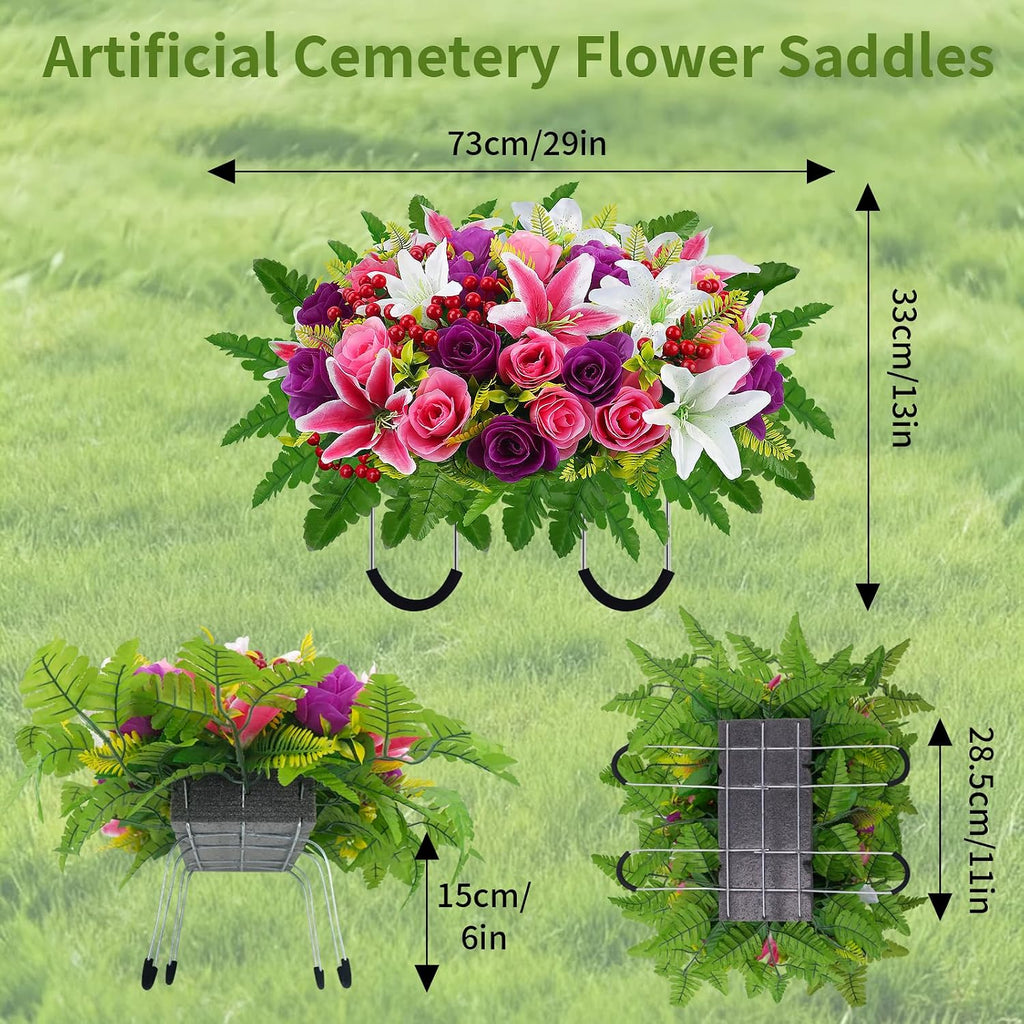 Cemetery Flowers for Grave Headstone Flower Saddle with Silk Rose Lily 3pcs