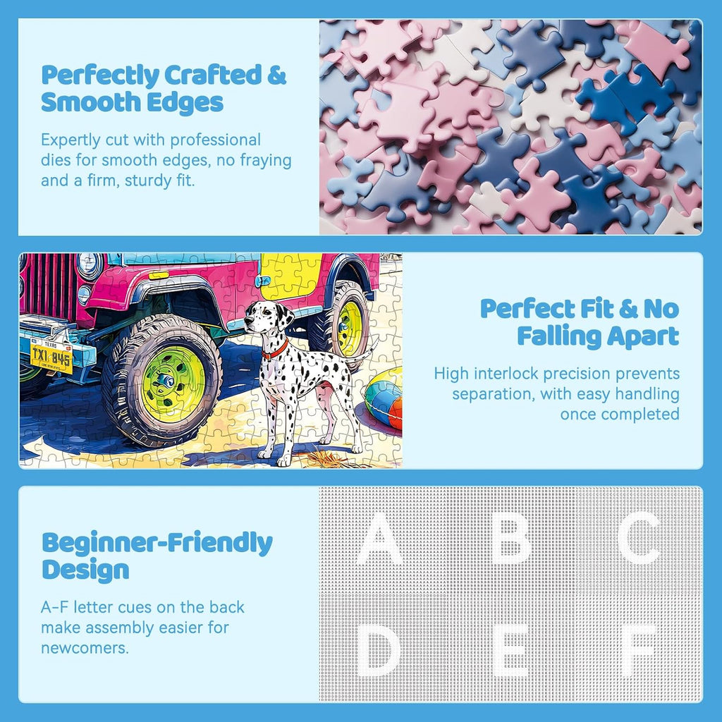 500 Piece Jigsaw Puzzle for Adults – Colorful Beach Jeep with Surfboards and Tropical Island Scene, Cute Dalmatian