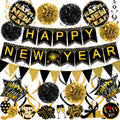 Happy New Year Paper Banner Triangle Flag Bunting Pom poms Swirls Streamers & Balloons for New year Party Decoration