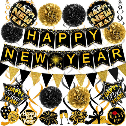Happy New Year Paper Banner Triangle Flag Bunting Pom poms Swirls Streamers & Balloons for New year Party Decoration