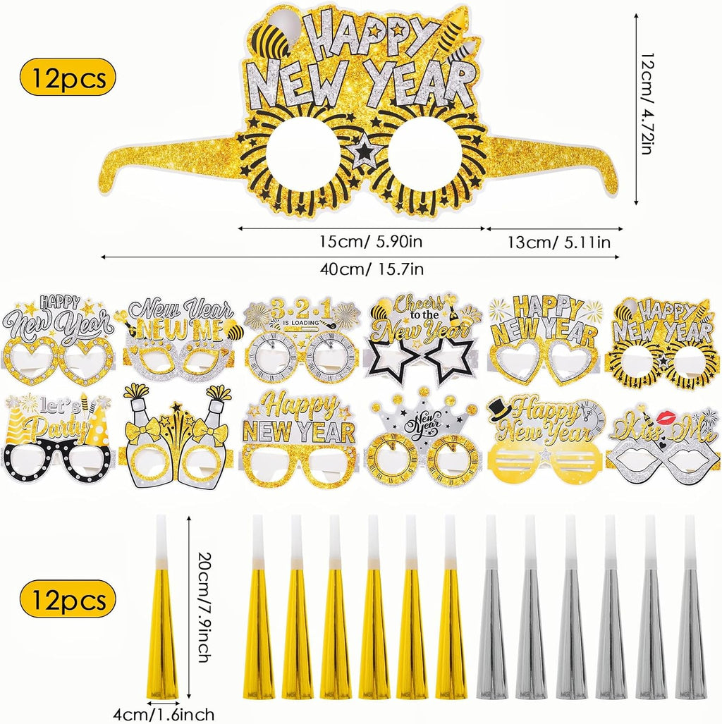2026 New Year Eve Party Supplies 36pcs Gold Silver Years Eve Decorations Kit - Happy New Year Paper Glasses Headband