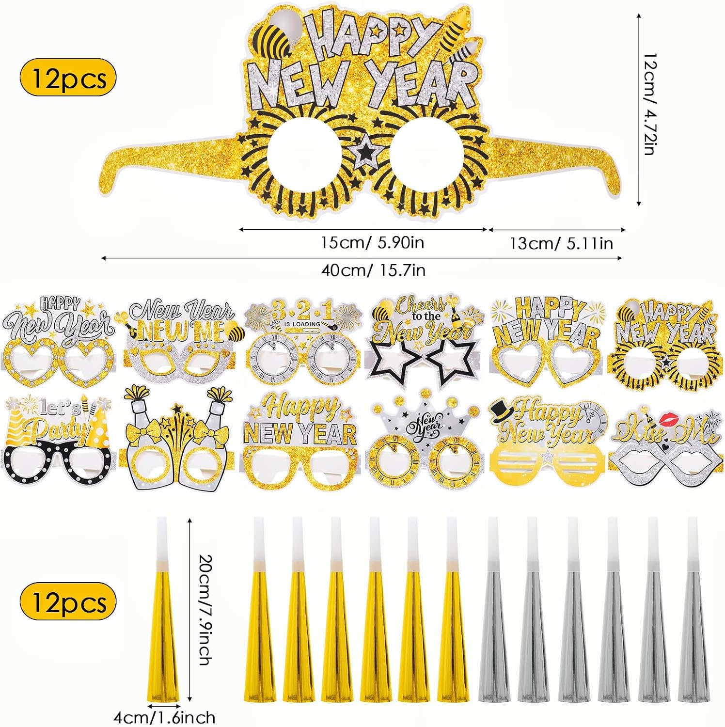 2026 New Year Eve Party Supplies 36pcs Gold Silver Years Eve Decorations Kit - Happy New Year Paper Glasses Headband